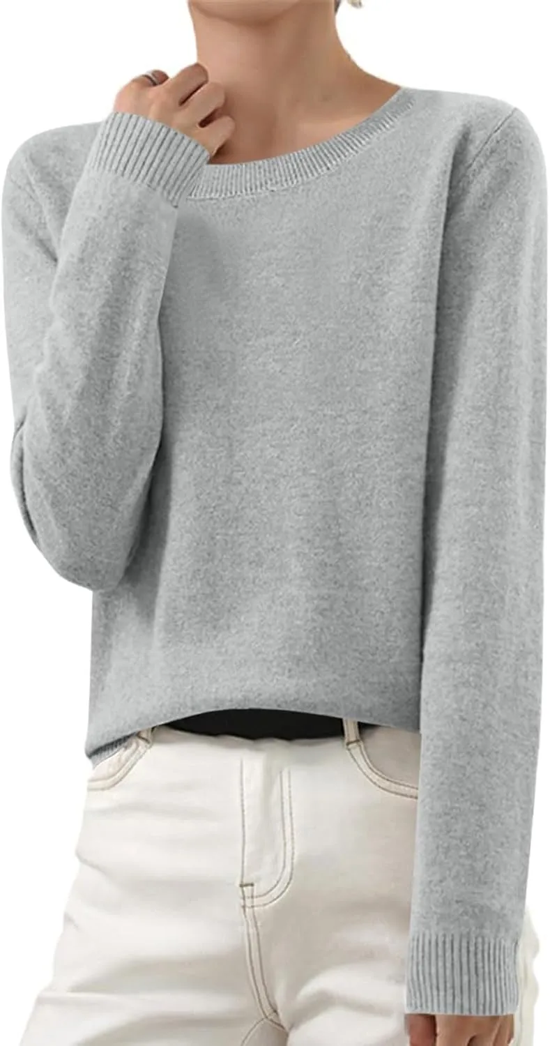Wkishenl Cashmere Sweaters for Women Long Sleeve Crewneck/V-Neck Knit Pullover Classic Solid Shirts Fall Fashion Clothes 2024