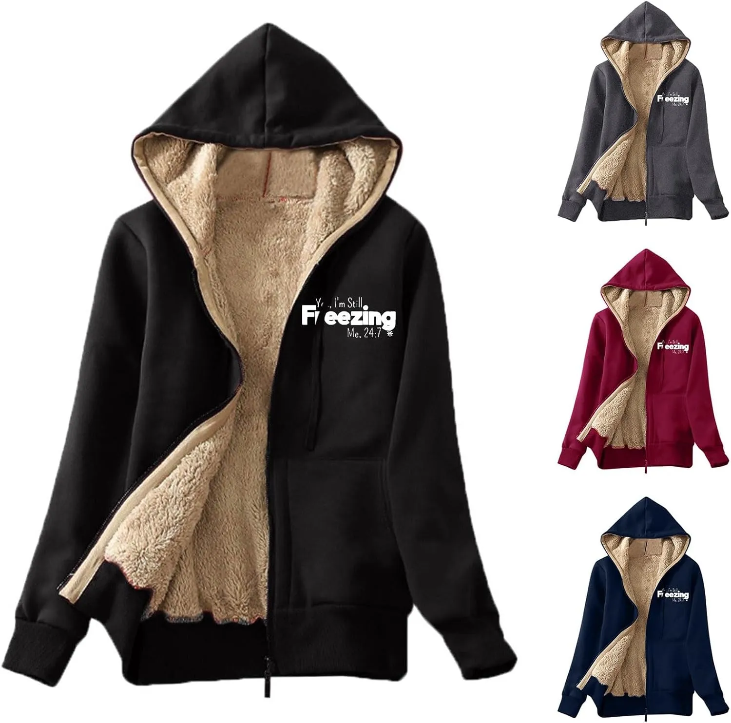 Wkishenl Women's Winter Hoodies Sherpa Fleece Lined Sweatshirt Fashion Print Jacket Coat Full Zip Up Warm Heavyweight Outwear