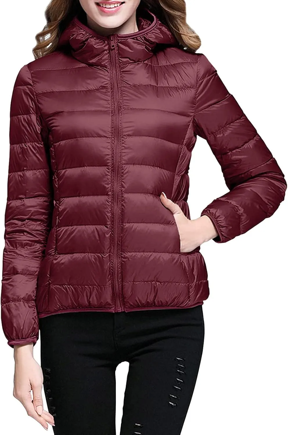 Women Lightweight Windproof Coat Slim Short Hooded Down Coats Outerwear Winter Packable Full Zip Up Warm Work Jacket