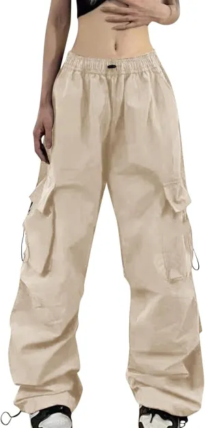 Women Parachute Pants Elastic High Waist Baggy Cargo Pants Y2K Joggers Multiple Pocket Quick Dry Casual Trendy Slacks