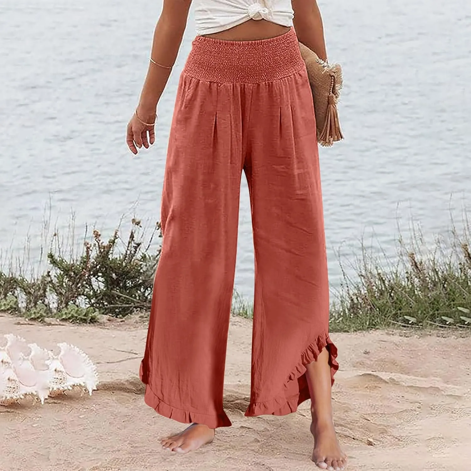 Women Summer High Waisted Cotton Linen Palazzo Pants Wide Leg Long Lounge Beach Pant Trousers with Pocket