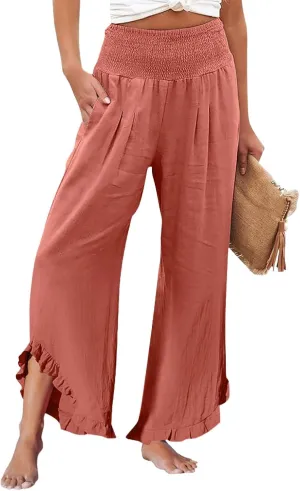 Women Summer High Waisted Cotton Linen Palazzo Pants Wide Leg Long Lounge Beach Pant Trousers with Pocket