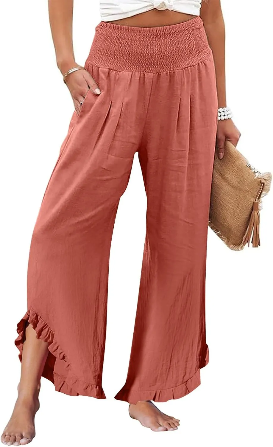 Women Summer High Waisted Cotton Linen Palazzo Pants Wide Leg Long Lounge Beach Pant Trousers with Pocket