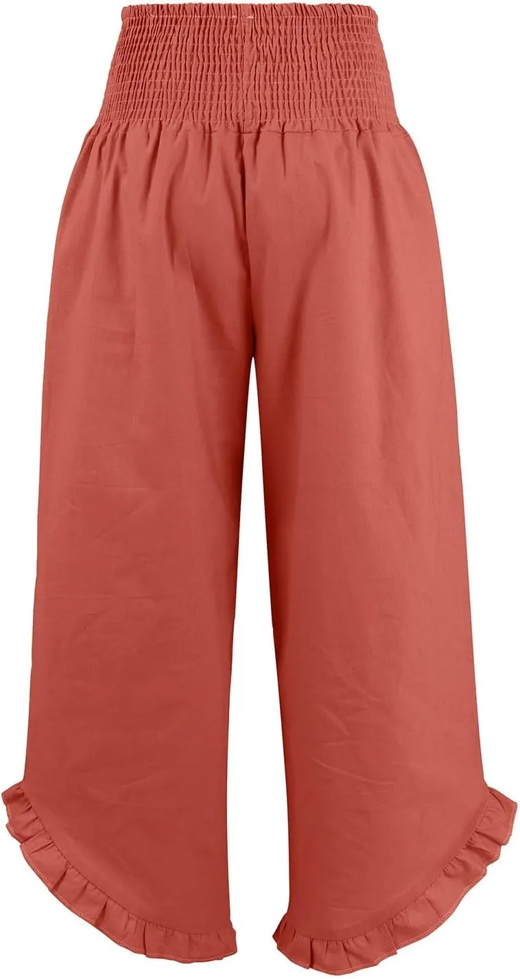 Women Summer High Waisted Cotton Linen Palazzo Pants Wide Leg Long Lounge Beach Pant Trousers with Pocket