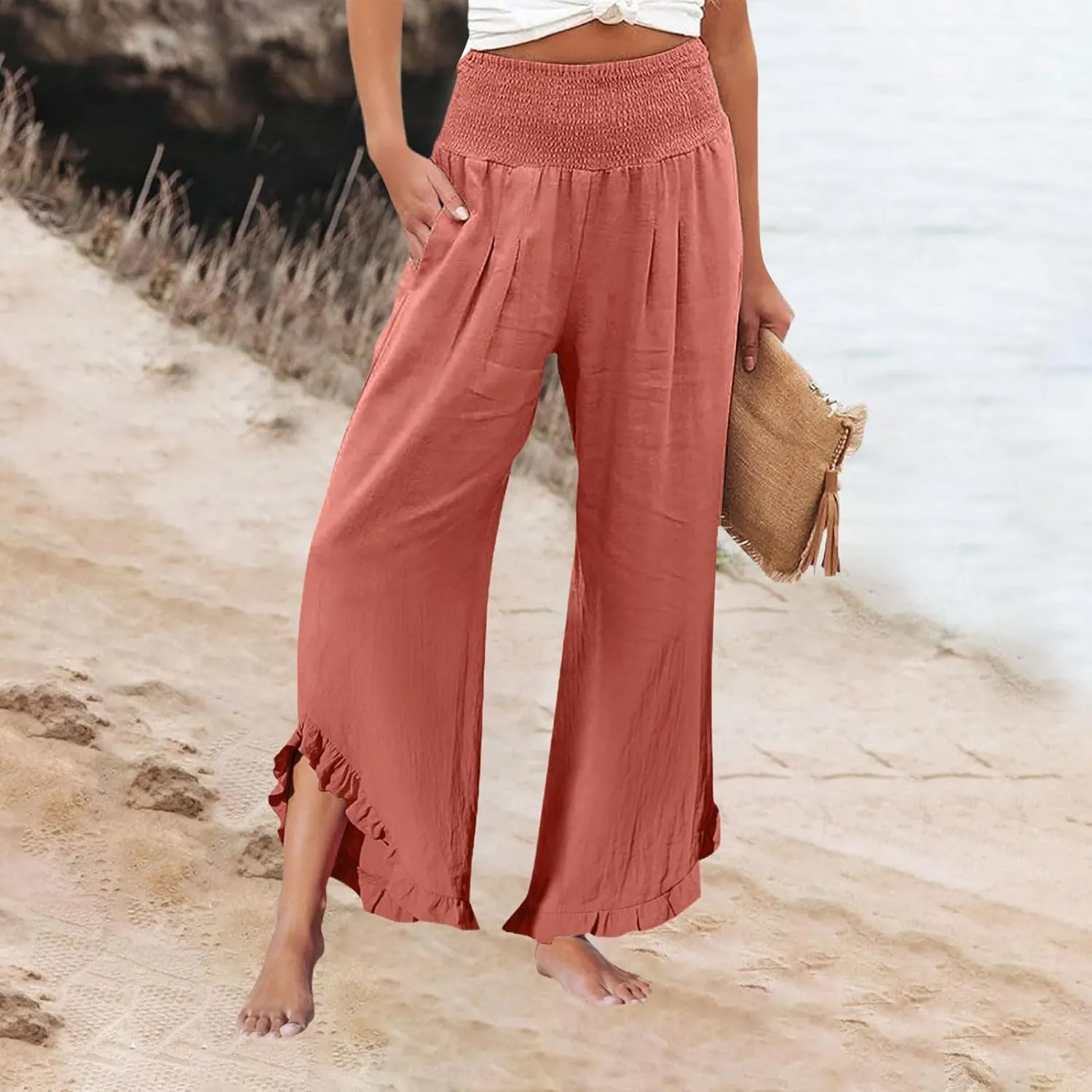 Women Summer High Waisted Cotton Linen Palazzo Pants Wide Leg Long Lounge Beach Pant Trousers with Pocket