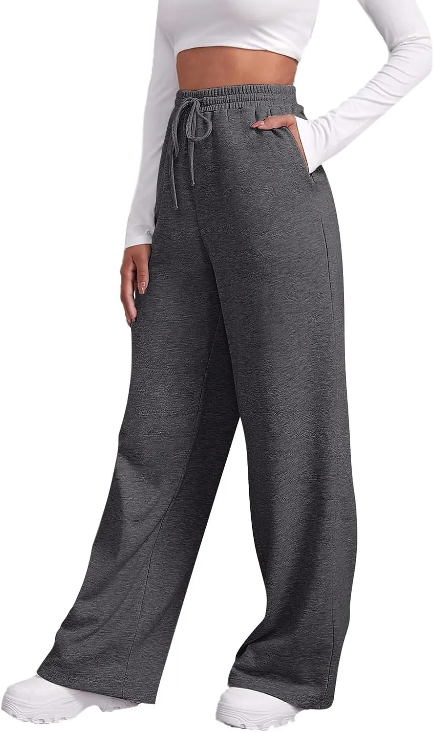 Women Wide Leg Sweatpants Baggy Straight Leg Sweatpants with Pockets Elastic Waist Flare Sweatpants Fleece Joggers