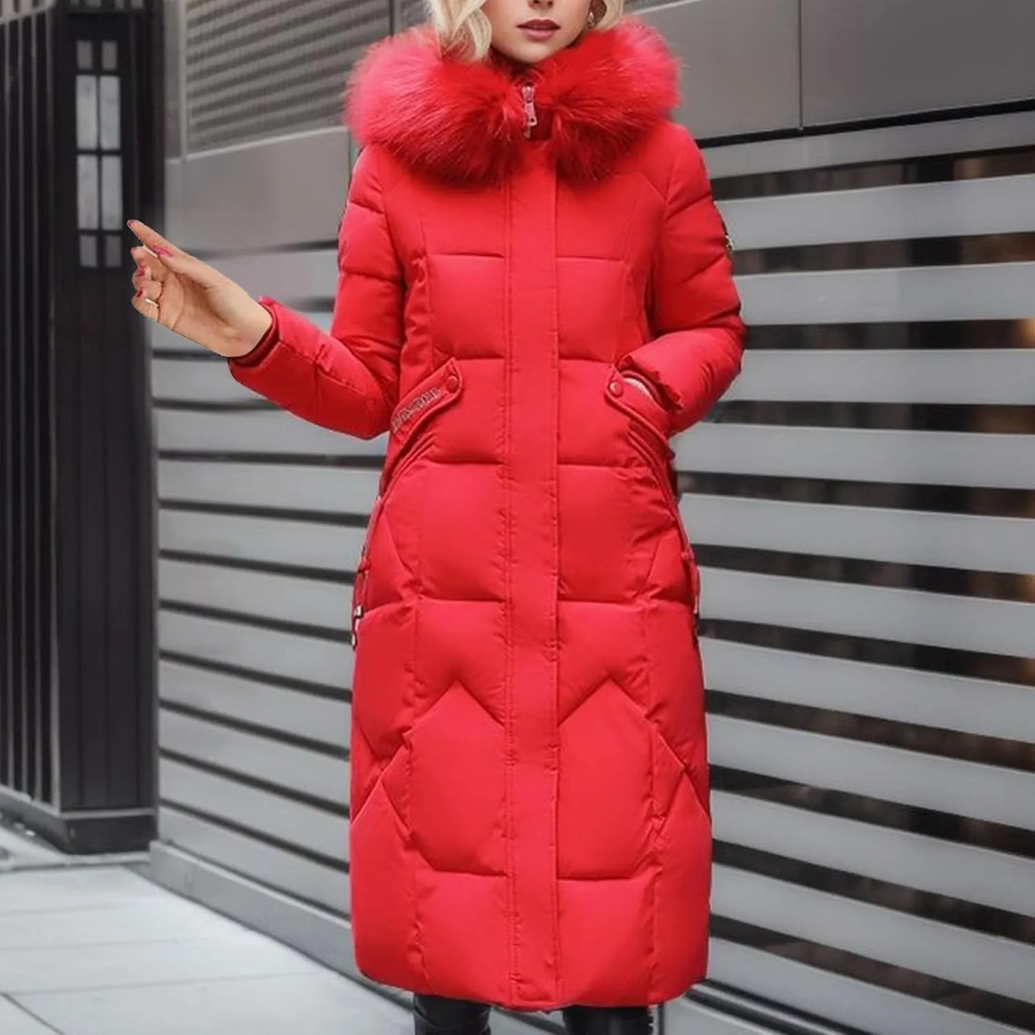 Women Winter Coat Long Down Jacket With Fur Hood Quilted Puffer Jacket Plus Size Outerwear Padded Casual Warm Down Coat