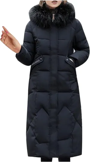 Women Winter Coat Long Down Jacket With Fur Hood Quilted Puffer Jacket Plus Size Outerwear Padded Casual Warm Down Coat