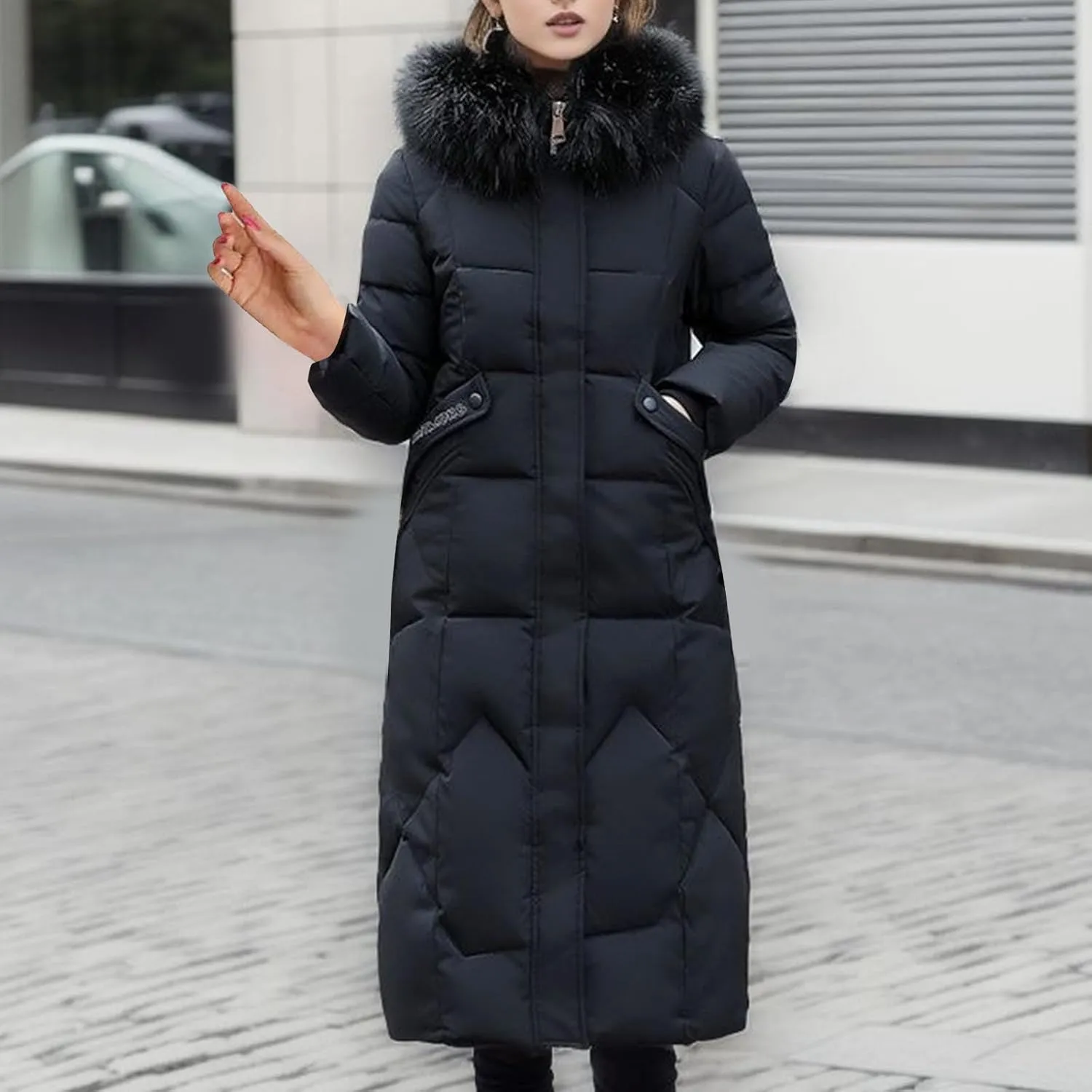 Women Winter Coat Long Down Jacket With Fur Hood Quilted Puffer Jacket Plus Size Outerwear Padded Casual Warm Down Coat