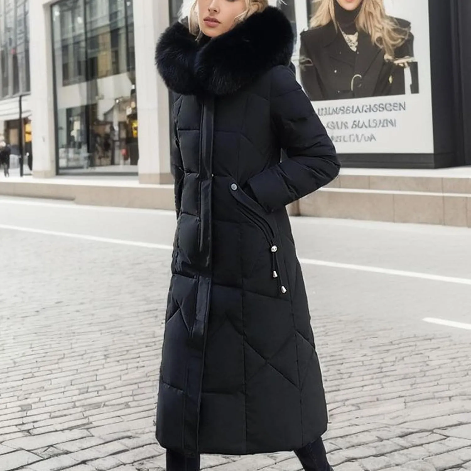 Women Winter Coat Long Down Jacket With Fur Hood Quilted Puffer Jacket Plus Size Outerwear Padded Casual Warm Down Coat