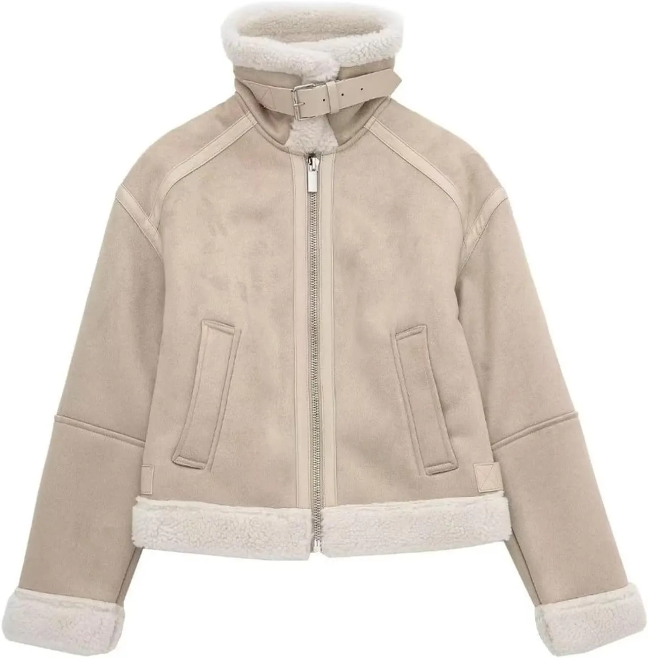 Women Winter Leather Jacket Thicken Fleece Lined Motorcycle Jacket Faux Fur Shearling Fluffy Coat Cropped Bomber Jacket
