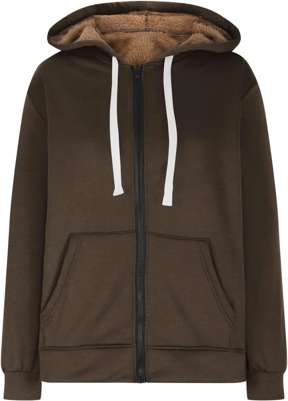 Women's Casual Full Zip Up Sherpa Lined Hoodie Drawstring Hooded Sweatshirts Soft Fleece Winter Warm Plain Jacket Coats