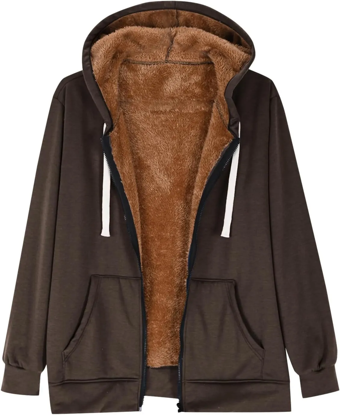 Women's Casual Full Zip Up Sherpa Lined Hoodie Drawstring Hooded Sweatshirts Soft Fleece Winter Warm Plain Jacket Coats