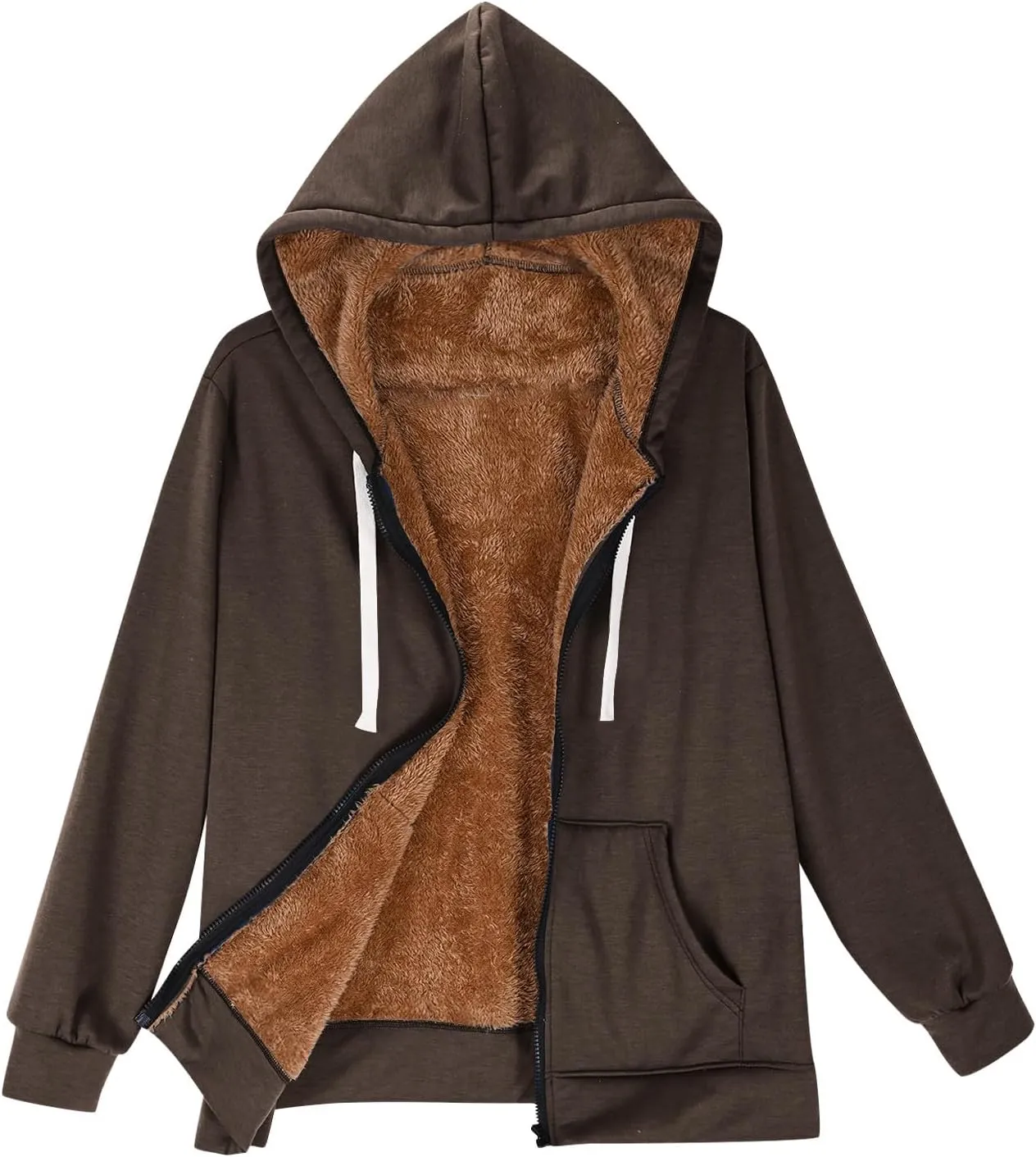 Women's Casual Full Zip Up Sherpa Lined Hoodie Drawstring Hooded Sweatshirts Soft Fleece Winter Warm Plain Jacket Coats