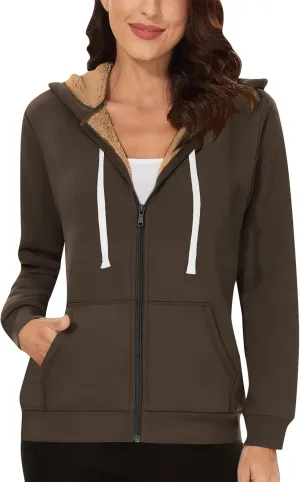 Women's Casual Full Zip Up Sherpa Lined Hoodie Drawstring Hooded Sweatshirts Soft Fleece Winter Warm Plain Jacket Coats
