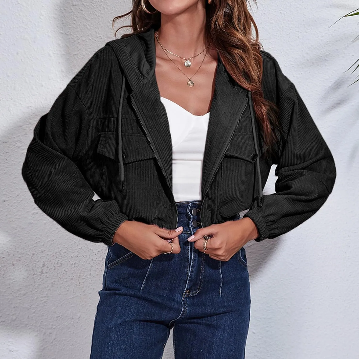 Women's Corduroy Drawstring Zip Up Hoodie Jacket Lightweight Long Sleeve Coats Casual Loose Outwear with Pocket