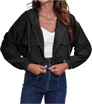 Women's Corduroy Drawstring Zip Up Hoodie Jacket Lightweight Long Sleeve Coats Casual Loose Outwear with Pocket