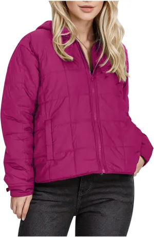 Womens Cropped Hooded Puffer Jacket Down Coats Winter Warm Cotton Padded Short Outerwear with Pockets