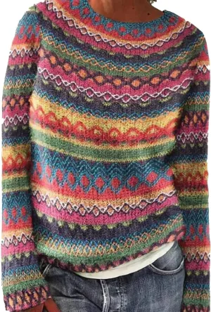 Women's Fair Isle Knitted Sweater Vintage Long Sleeve Boat Neck Retro Lightweight Pullover Plain Fashion Lounge Tops
