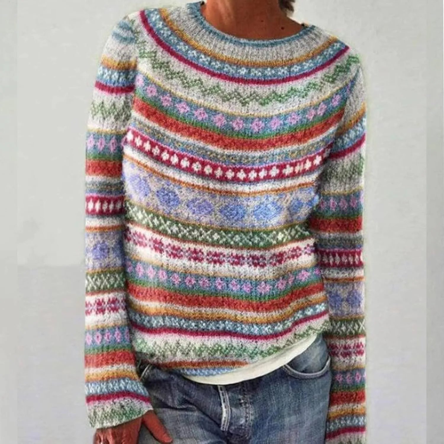 Women's Fair Isle Knitted Sweater Vintage Long Sleeve Boat Neck Retro Lightweight Pullover Plain Fashion Lounge Tops