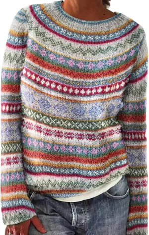 Women's Fair Isle Knitted Sweater Vintage Long Sleeve Boat Neck Retro Lightweight Pullover Plain Fashion Lounge Tops