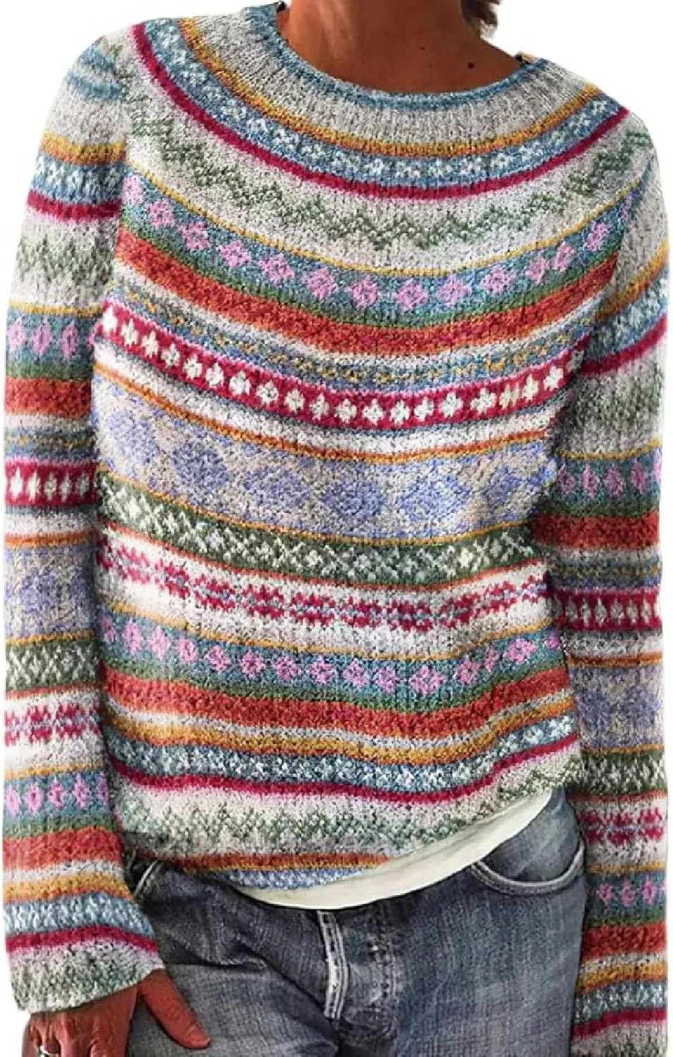 Women's Fair Isle Knitted Sweater Vintage Long Sleeve Boat Neck Retro Lightweight Pullover Plain Fashion Lounge Tops
