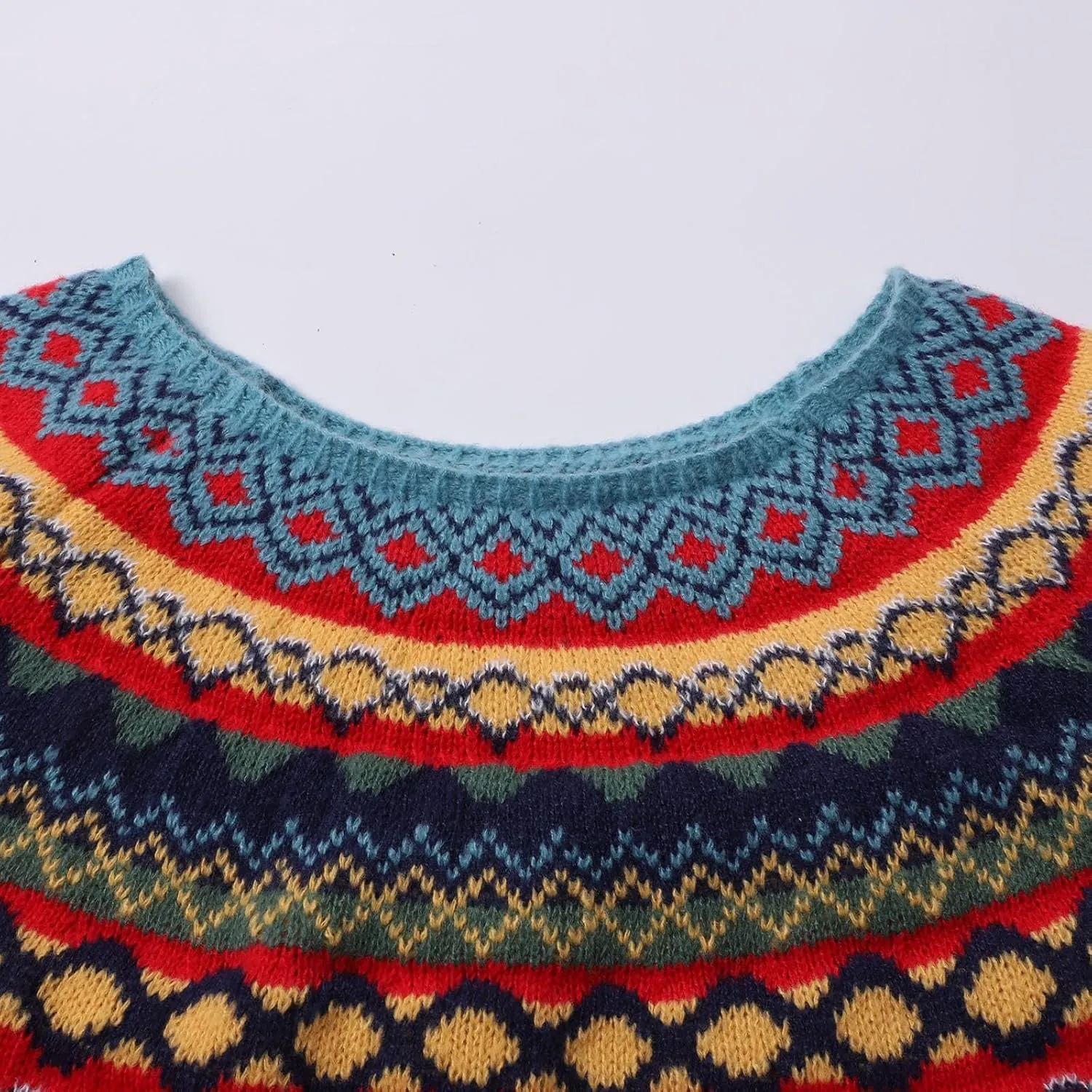 Women's Fair Isle Knitted Sweater Vintage Long Sleeve Boat Neck Retro Lightweight Pullover Plain Fashion Lounge Tops