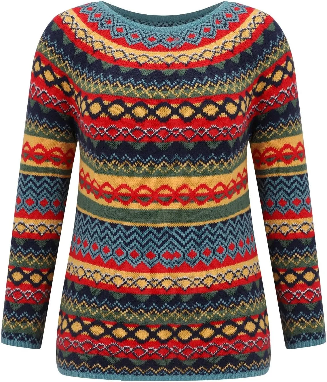 Women's Fair Isle Knitted Sweater Vintage Long Sleeve Boat Neck Retro Lightweight Pullover Plain Fashion Lounge Tops