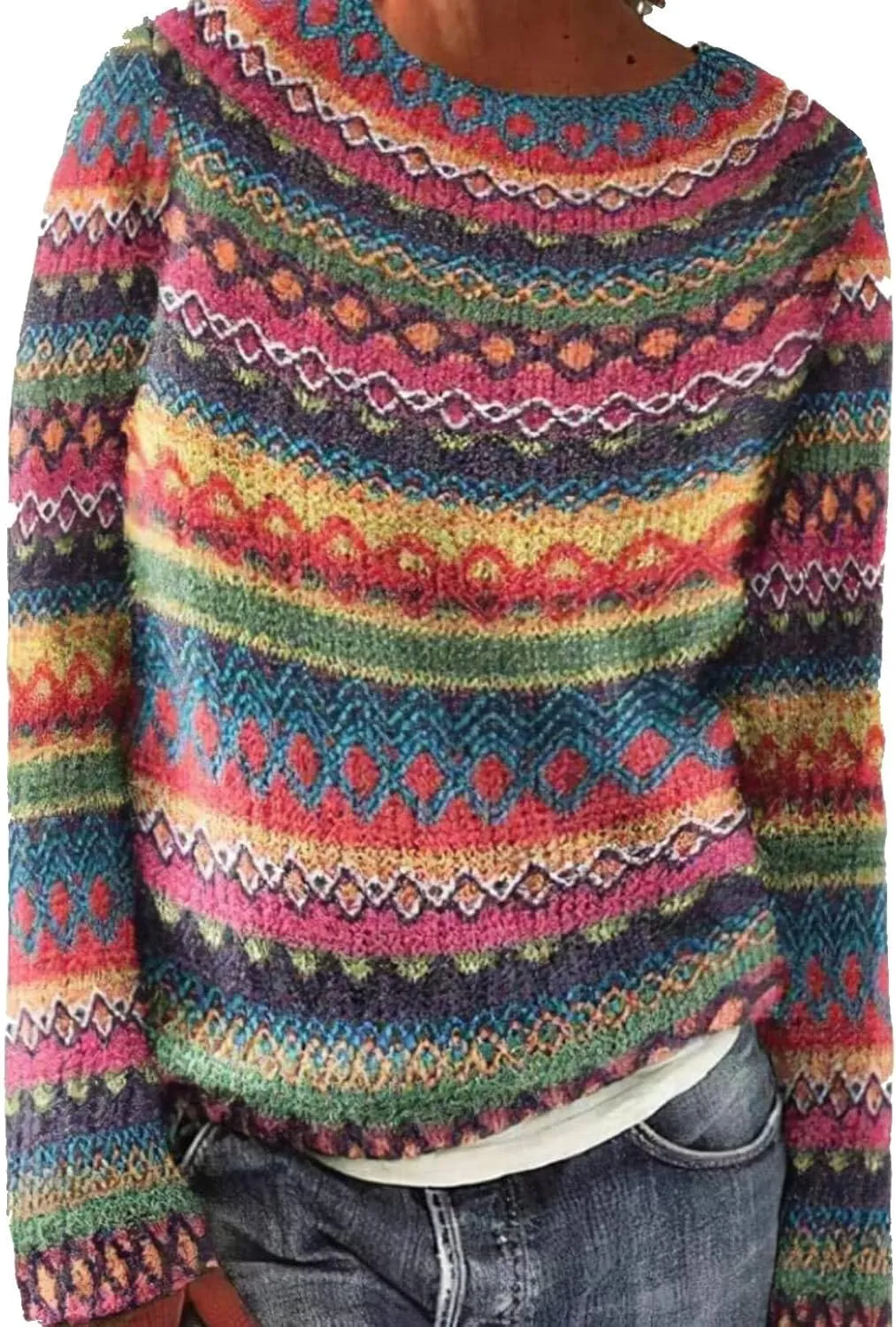 Women's Fair Isle Knitted Sweater Vintage Long Sleeve Boat Neck Retro Lightweight Pullover Plain Fashion Lounge Tops
