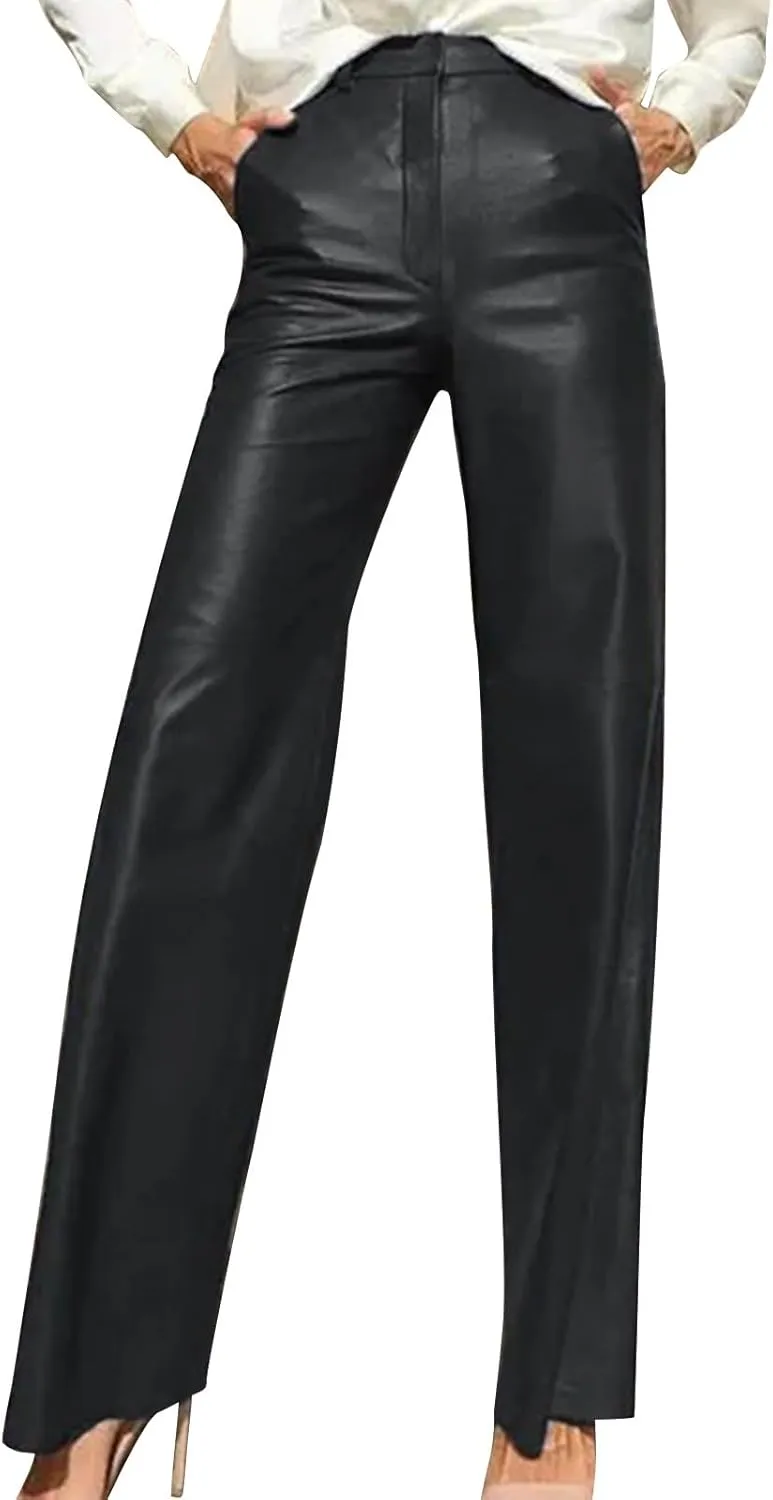 Women's Faux Leather Pants Button Straight Leg Trousers with Pockets Solid Color Retro Versatile High Waisted Pants