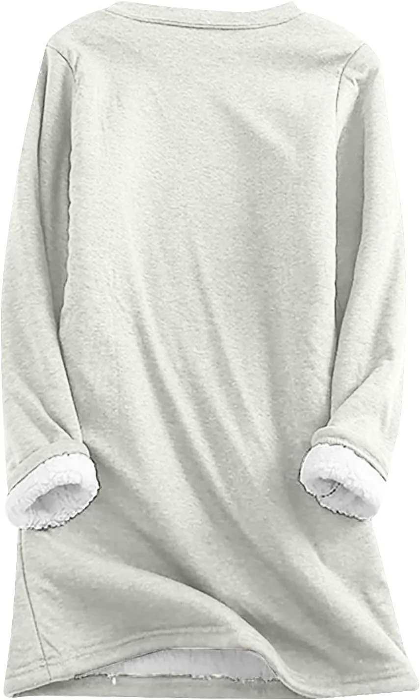 Womens Fleece Crewneck Sweatshirts Thermal Fleece Tops Round Neck Long Sleeve Pullover
