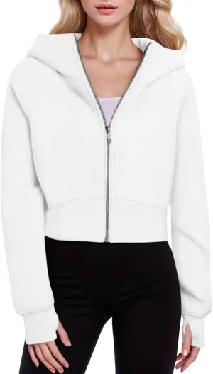 Womens Full Zip Up Cropped Hoodies Fleece Casual Pullover Sweatshirts Winter Comfy Gym Clothes Outfits Sweater Tops