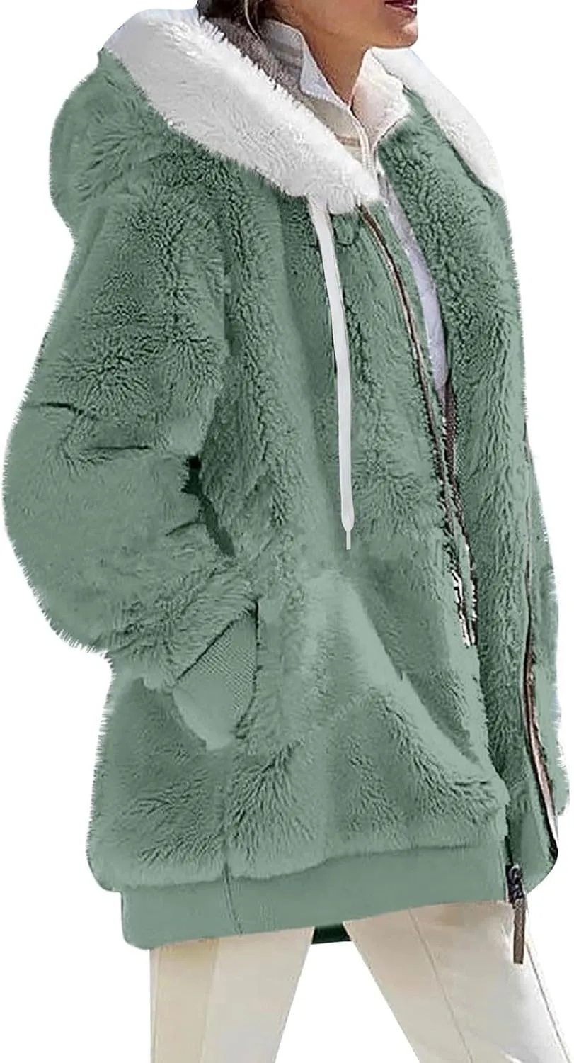 Womens Fuzzy Fleece Jacket Winter Full Zip Plush Hooded Cardigan Coats Soft Oversized Shaggy Warm Outerwear with Pockets