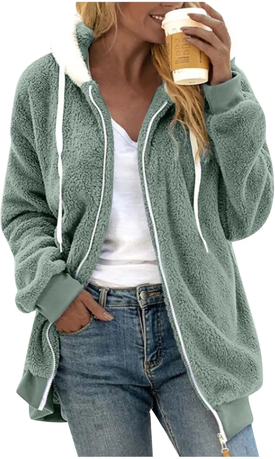 Womens Fuzzy Fleece Jacket Winter Full Zip Plush Hooded Cardigan Coats Soft Oversized Shaggy Warm Outerwear with Pockets