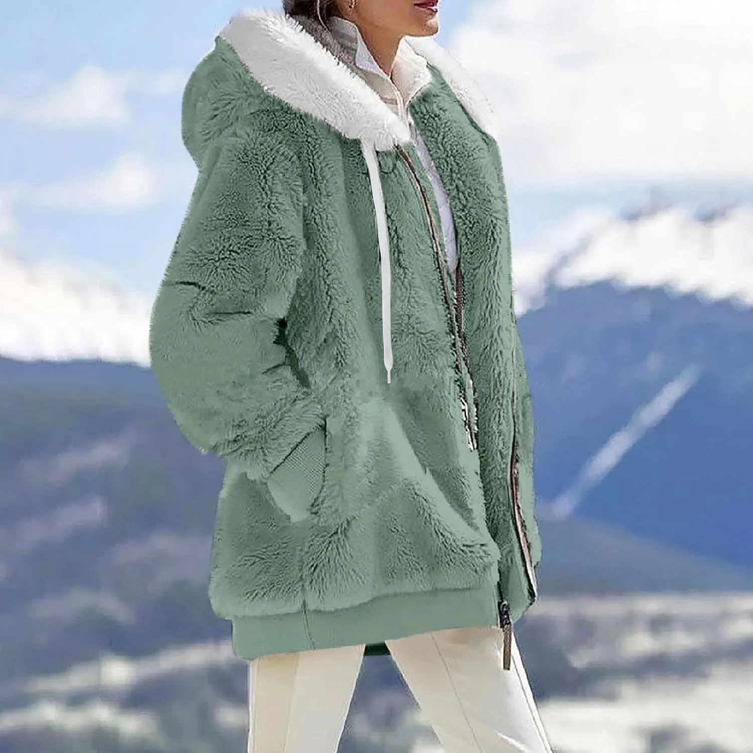 Womens Fuzzy Fleece Jacket Winter Full Zip Plush Hooded Cardigan Coats Soft Oversized Shaggy Warm Outerwear with Pockets