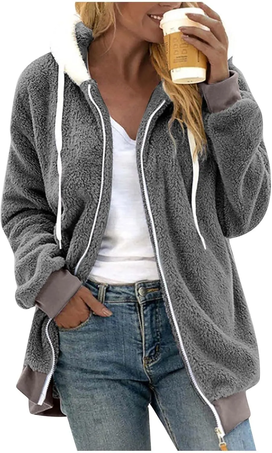 Womens Fuzzy Fleece Jacket Winter Full Zip Plush Hooded Cardigan Coats Soft Oversized Shaggy Warm Outerwear with Pockets