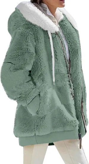 Womens Fuzzy Fleece Jacket Winter Full Zip Plush Hooded Cardigan Coats Soft Oversized Shaggy Warm Outerwear with Pockets
