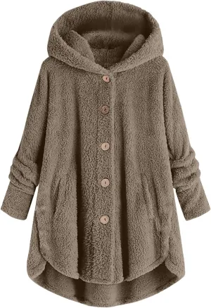 Womens Fuzzy Sherpa Hooded Jacket Shaggy Fleece Soft Warm Coat Loose Fit Long Sleeve Button Down Cardigan Sweaters