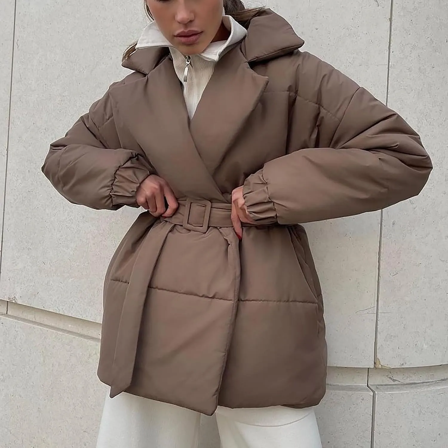 Womens Hooded Quilted Puffer Jacket Mid-Length Padded Warm Winter Heavyweight Coat Outerwear with Belt