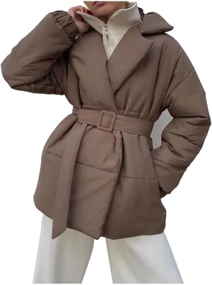Womens Hooded Quilted Puffer Jacket Mid-Length Padded Warm Winter Heavyweight Coat Outerwear with Belt