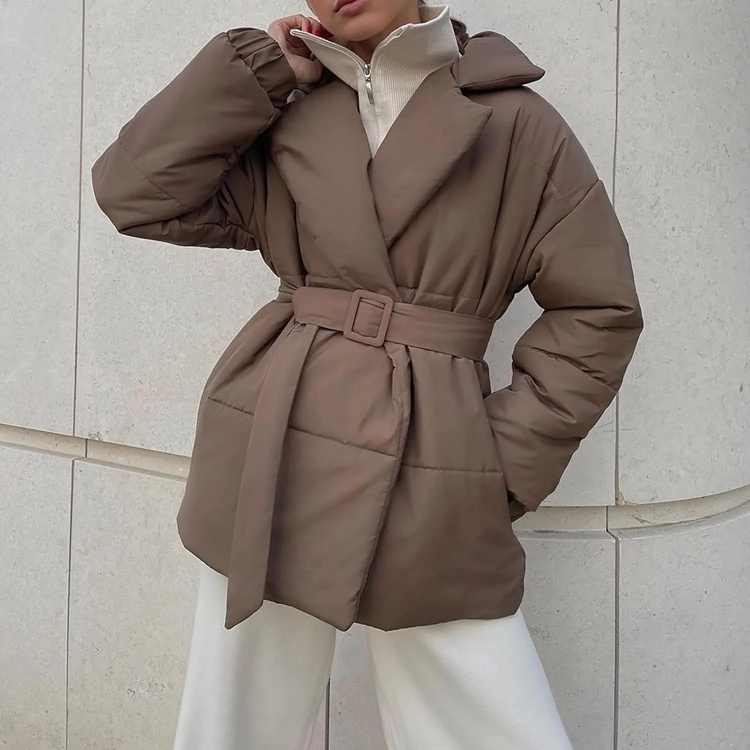 Womens Hooded Quilted Puffer Jacket Mid-Length Padded Warm Winter Heavyweight Coat Outerwear with Belt