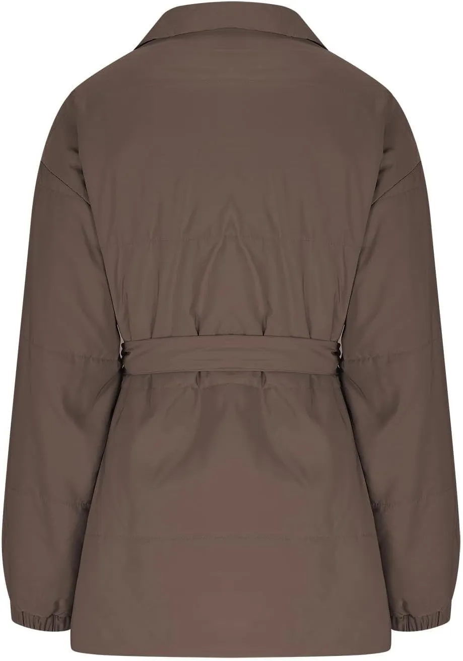 Womens Hooded Quilted Puffer Jacket Mid-Length Padded Warm Winter Heavyweight Coat Outerwear with Belt