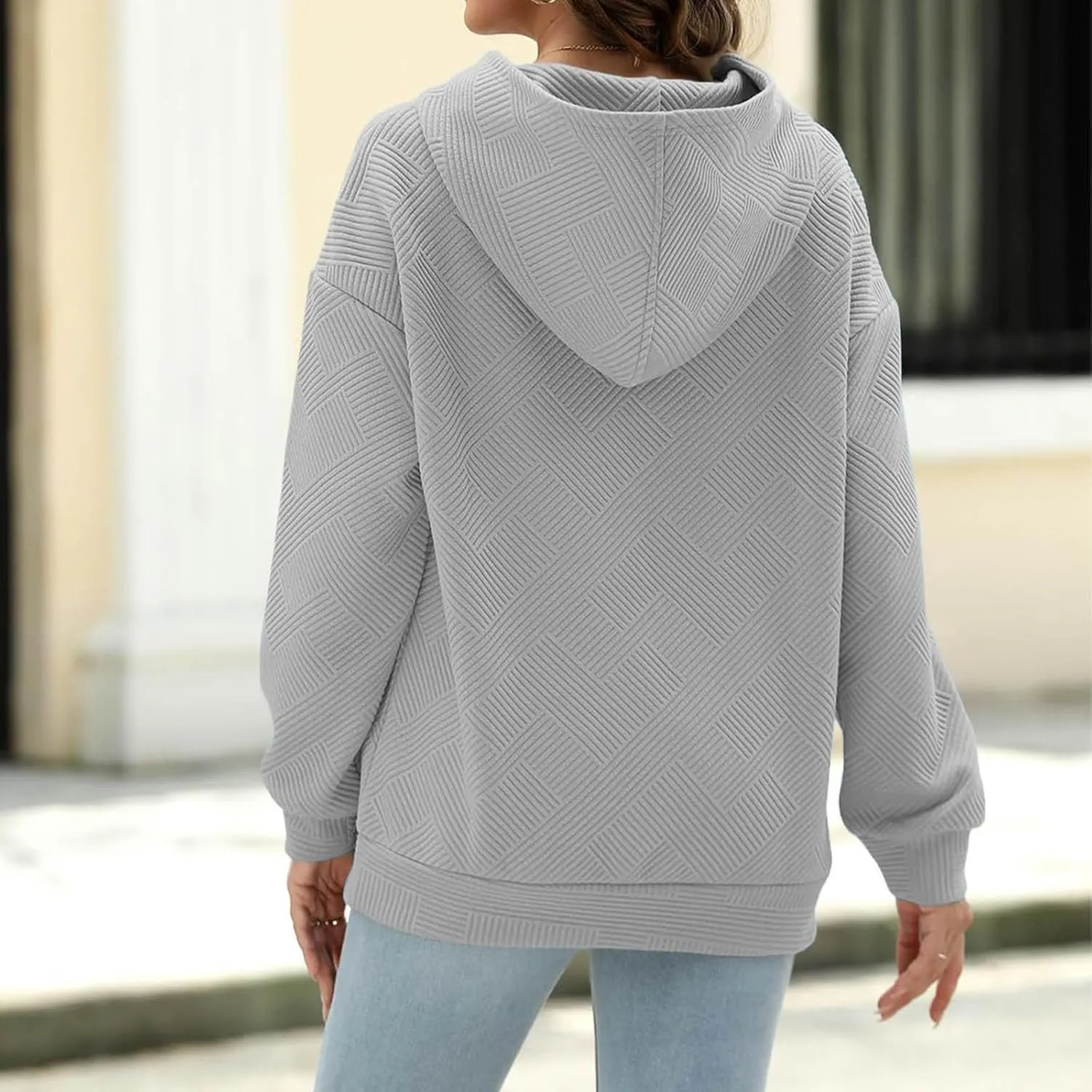 Women's Jacquard Stripe Hoodies with Pockets Workout Sweatshirts Loose Fit Fashion Solid Color Hooded Pullover Tops