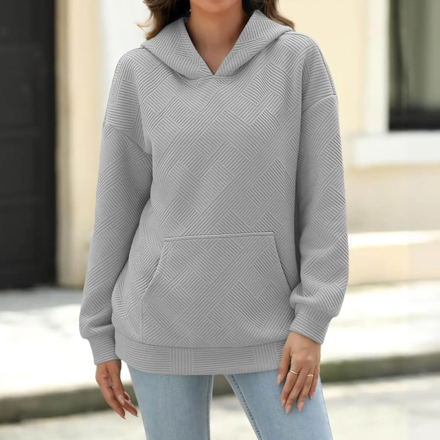Women's Jacquard Stripe Hoodies with Pockets Workout Sweatshirts Loose Fit Fashion Solid Color Hooded Pullover Tops