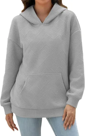 Women's Jacquard Stripe Hoodies with Pockets Workout Sweatshirts Loose Fit Fashion Solid Color Hooded Pullover Tops