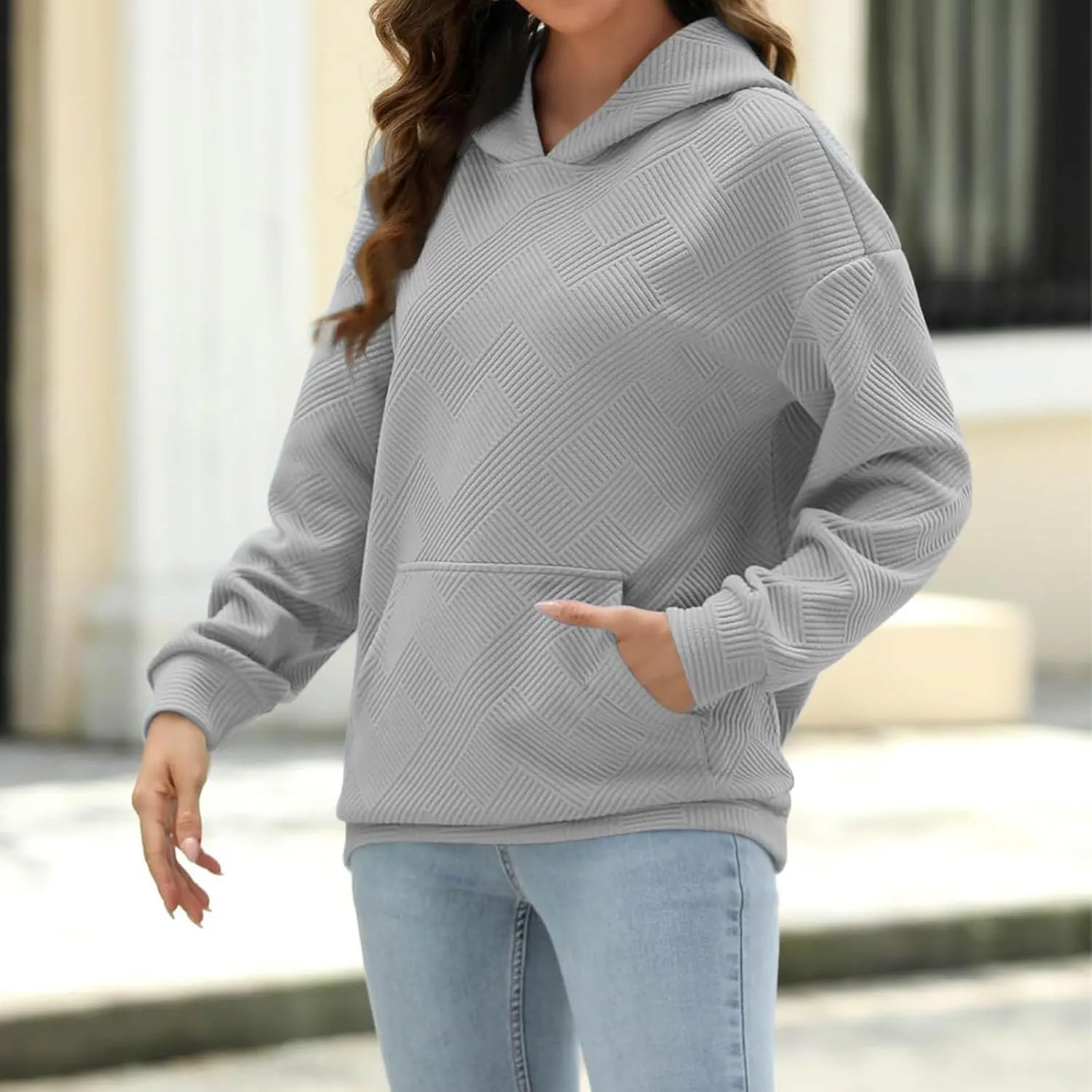 Women's Jacquard Stripe Hoodies with Pockets Workout Sweatshirts Loose Fit Fashion Solid Color Hooded Pullover Tops