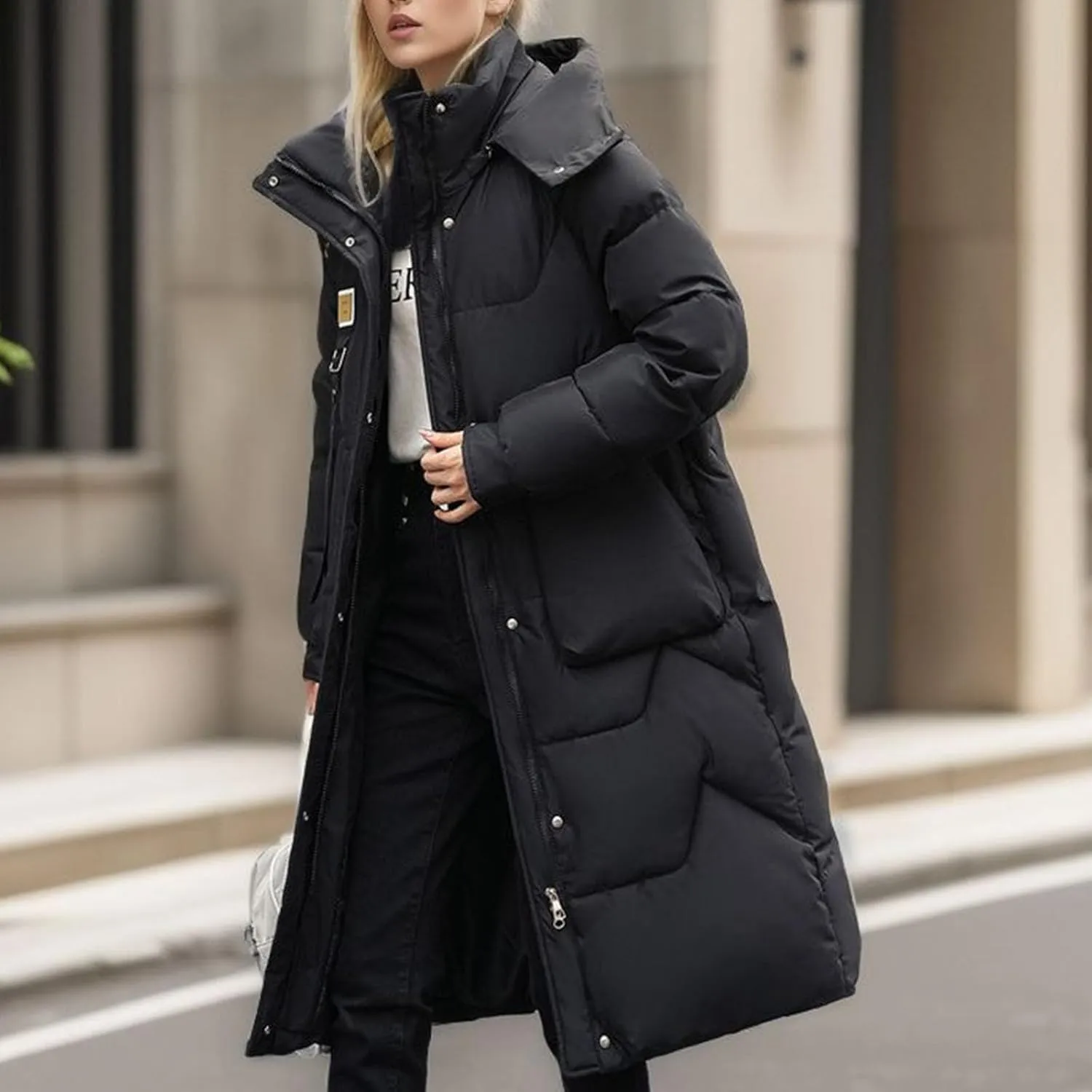 Women's Long Down Jacket Warm Winter Coat Hooded Puffer Jacket Thickened Outerwear Windproof Quilted Jackets Parka