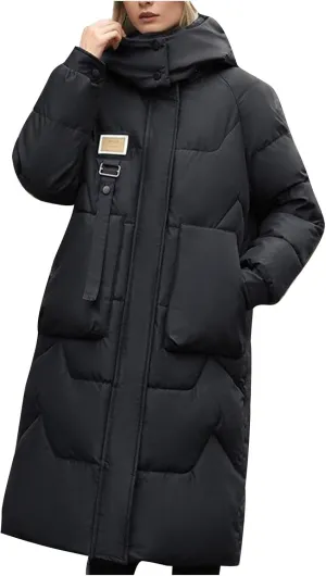 Women's Long Down Jacket Warm Winter Coat Hooded Puffer Jacket Thickened Outerwear Windproof Quilted Jackets Parka