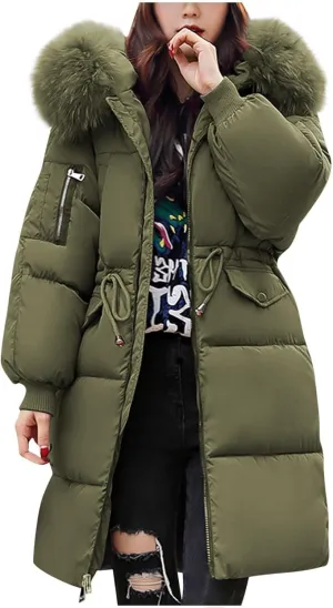 Womens Long Down Jacket with Trim Fur Hood, 2024 Winter Warm Puffer Coat Padded Down Thicken Parka Jacket Outerwear