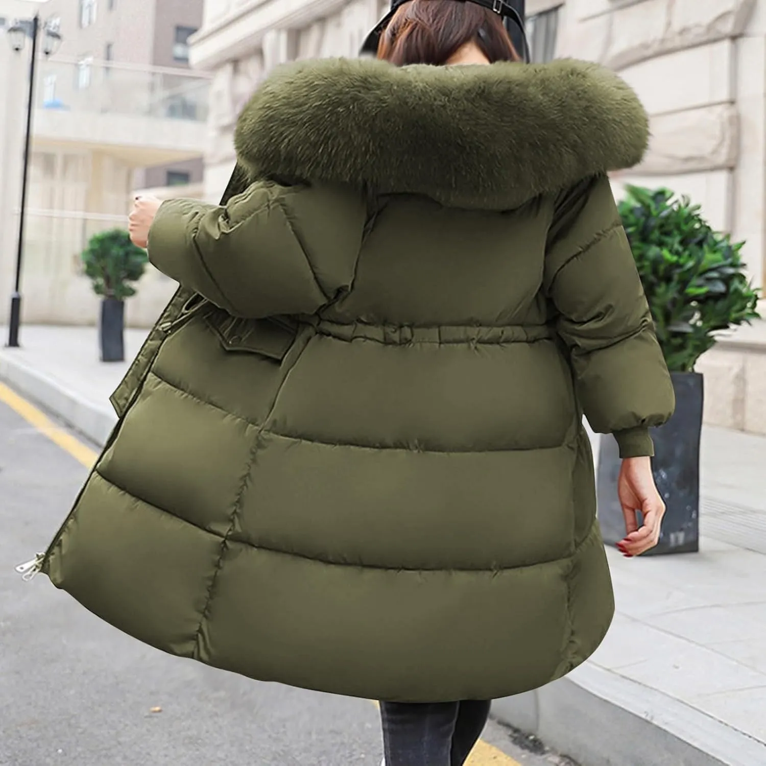 Womens Long Down Jacket with Trim Fur Hood, 2024 Winter Warm Puffer Coat Padded Down Thicken Parka Jacket Outerwear